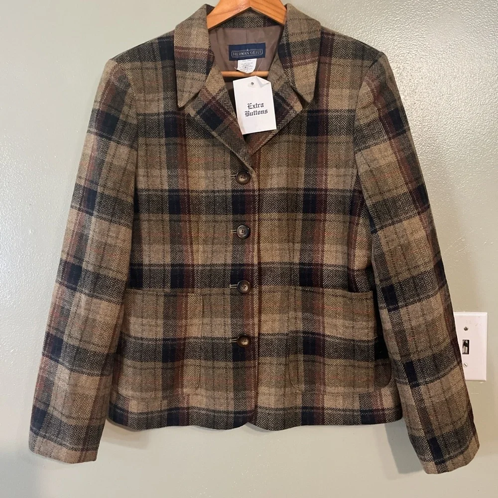 Herman Geist Wool Blend   Brown  Plaid Blazer VTG Y2K Size 10 New